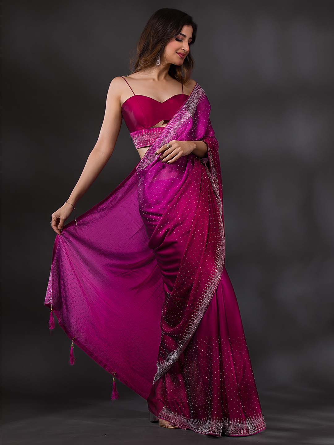 Koskii Women Maroon & Silver-Toned Beads and Stones Embellished Saree - Distacart