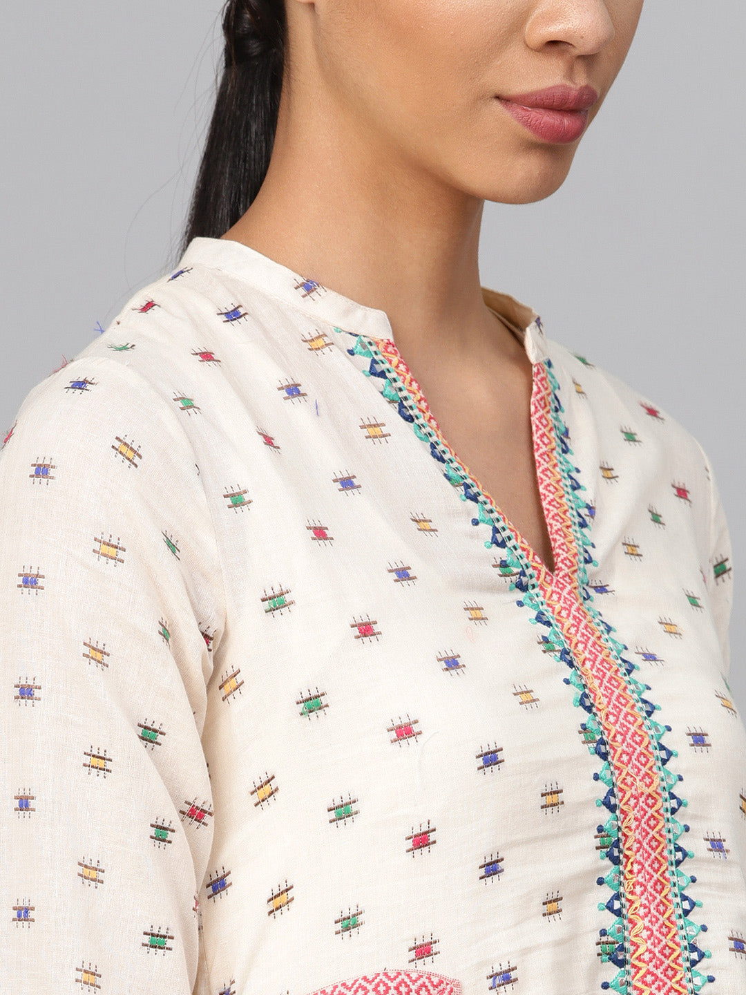 Biba Women Cream-Coloured & Pink Woven Design Layered A-Line Kurta - Distacart