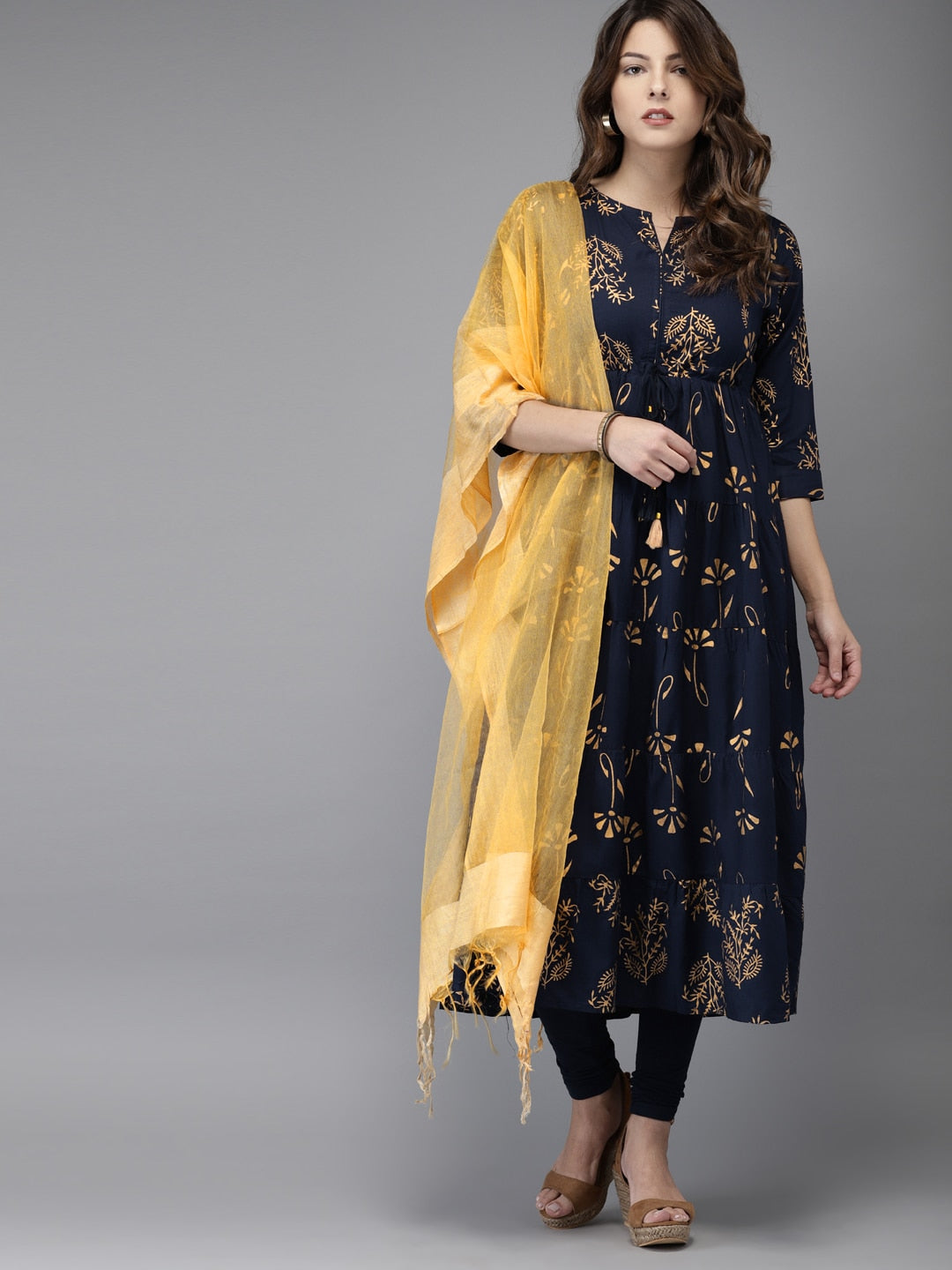 HERE&NOW Women Navy Blue & Gold-Toned Printed Kurta with Churidar & Dupatta - Distacart