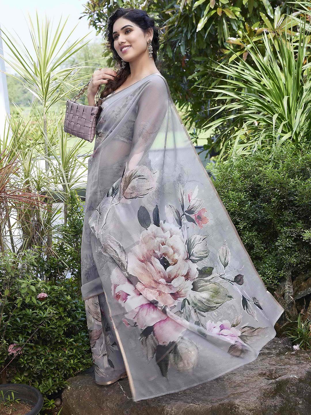 Kalini Grey & Pink Floral Zari Organza Bagh Saree - Distacart