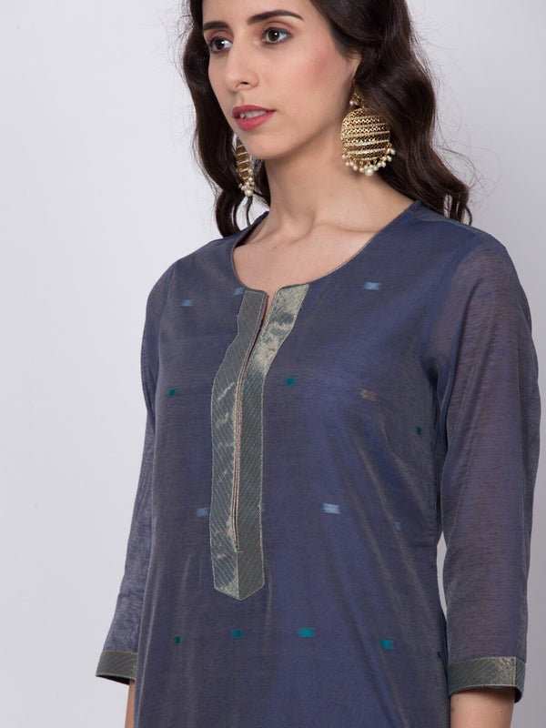 Biba Women Navy Blue Woven Design Kurta with Churidar & Dupatta - Distacart