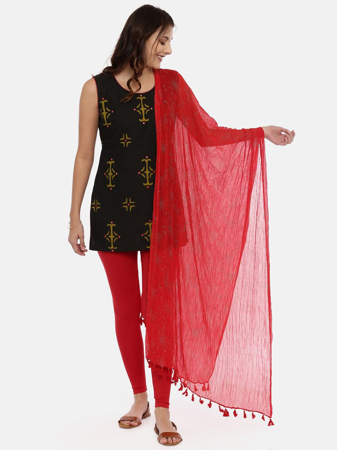 Souchii Red & Gold Printed Dupatta with Tassels - Distacart