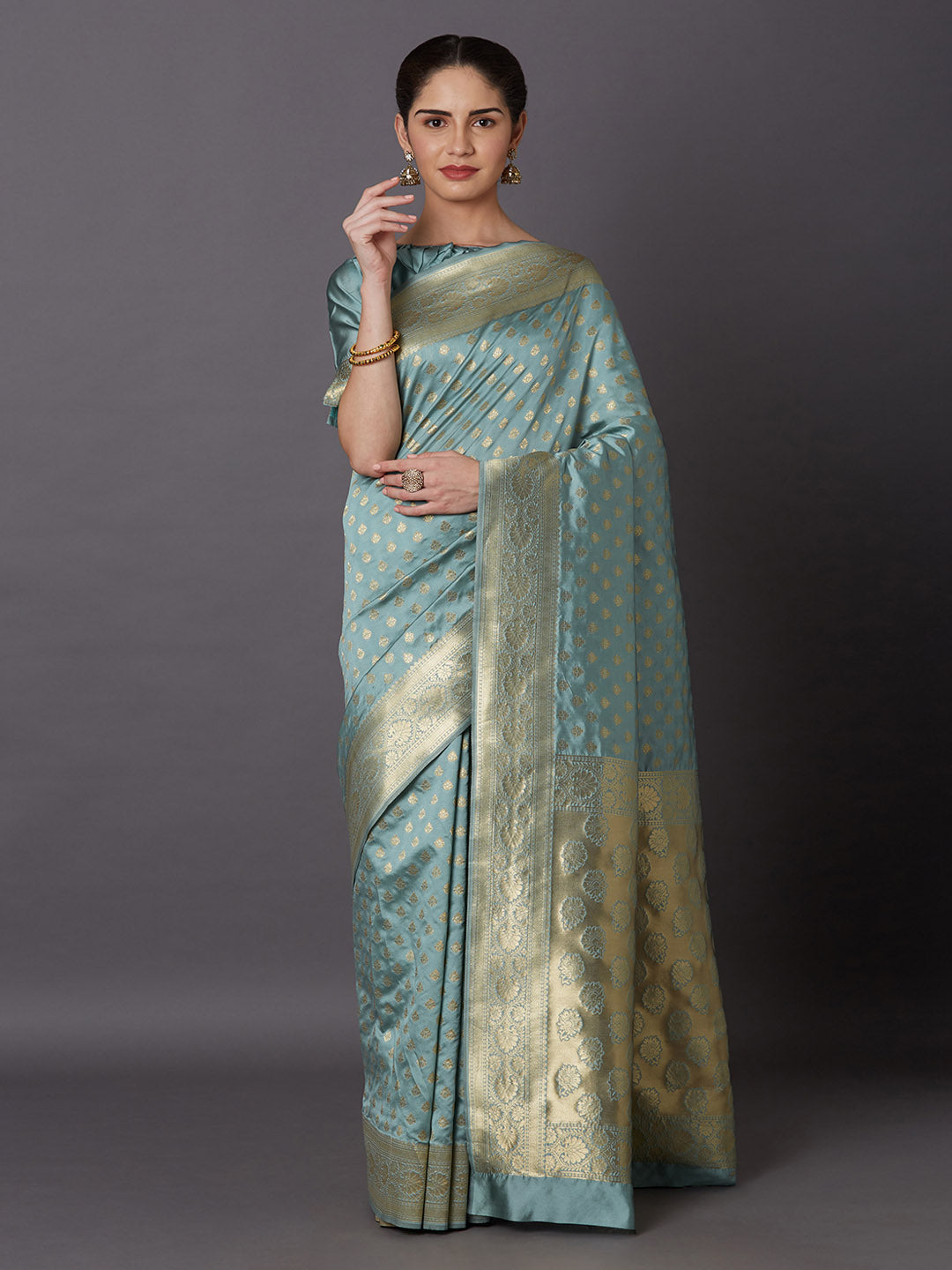 Mitera Grey & Turquoise Blue Silk Blend Woven Design Kanjeevaram Saree - Distacart