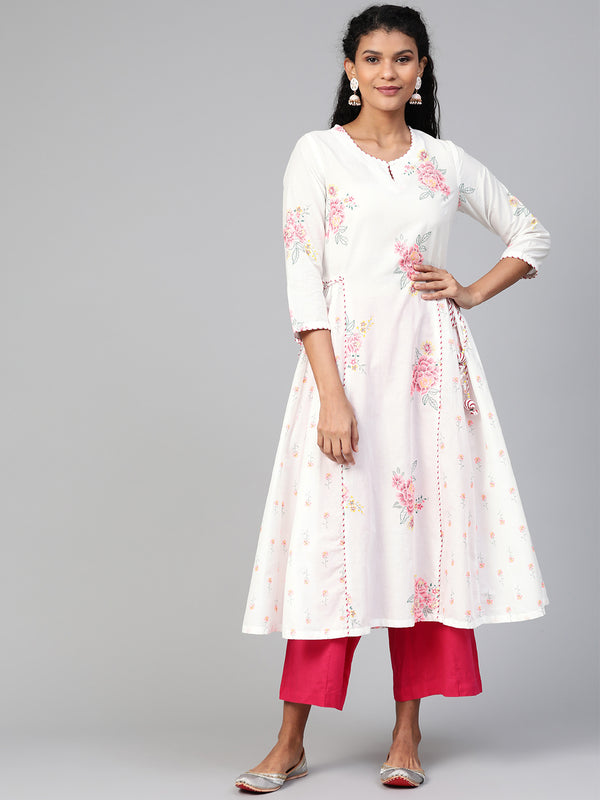 Biba Women White & Pink Panelled Floral Printed Anarkali Kurta - Distacart