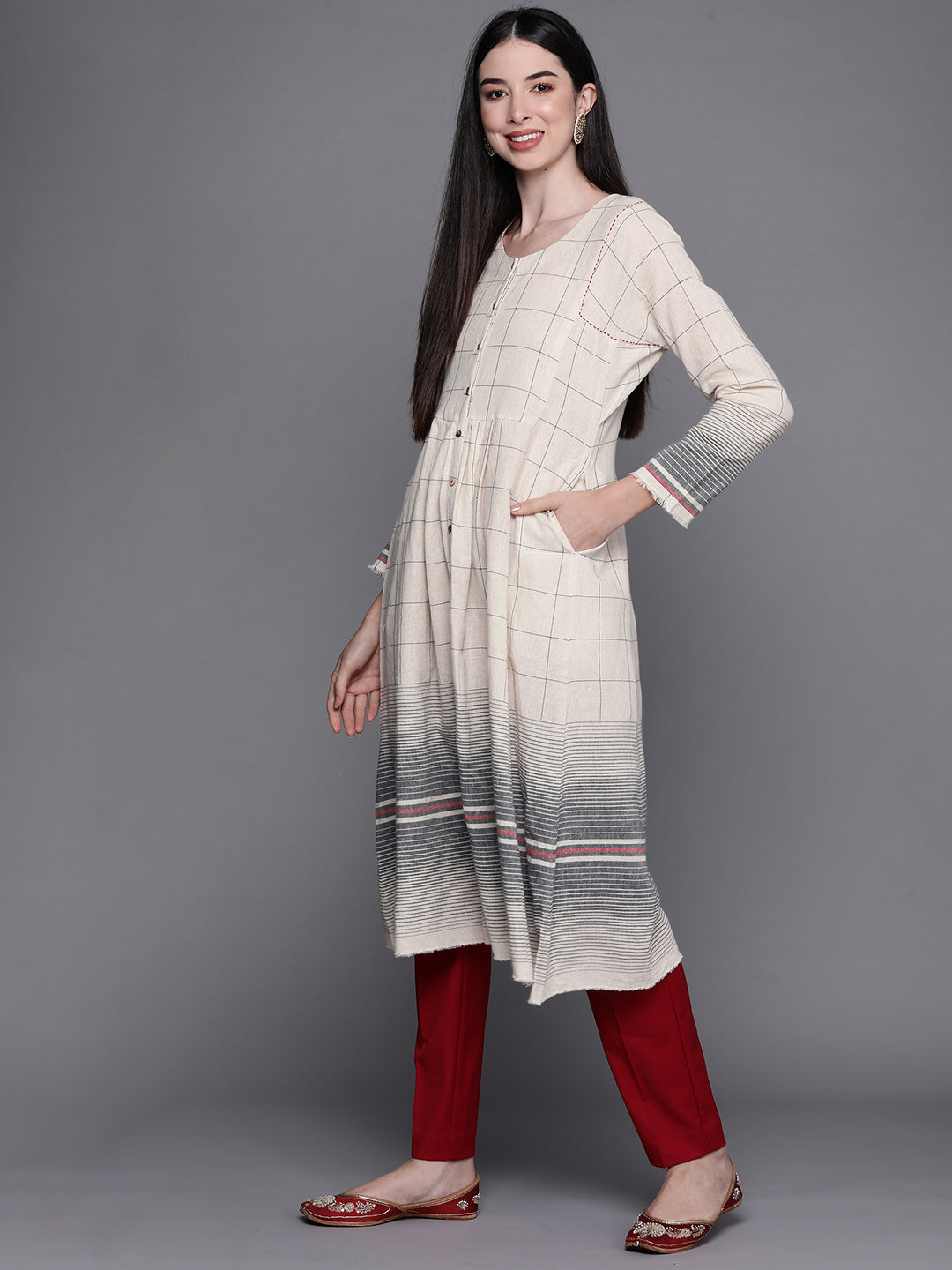 Biba Women Off White & Grey Checked Extended Sleeves Anarkali Kurta - Distacart