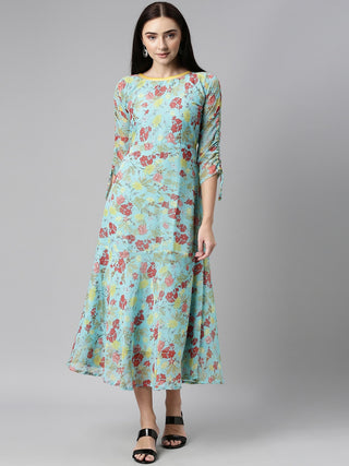 Souchii Blue Floral Printed Chiffon A-Line Midi Dress - Distacart