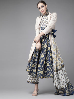 Libas Navy Blue Pure Cotton Floral Print Kurta with Palazzos & Dupatta - Distacart
