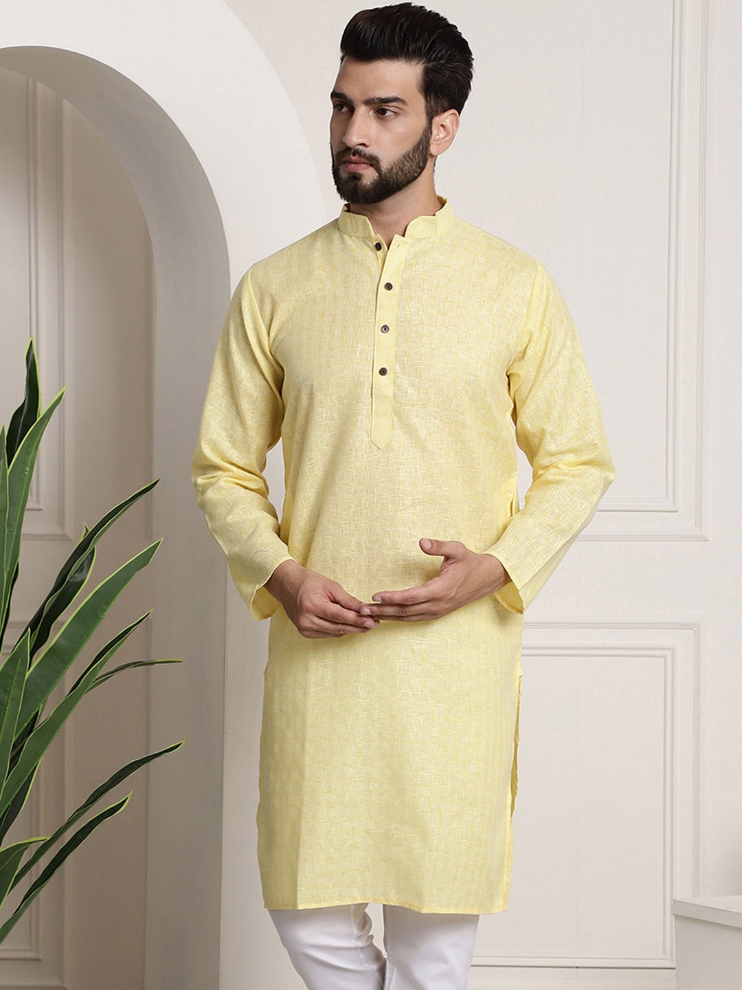 Sojanya Men Yellow Dobby Self-Checked Straight Kurta - Distacart