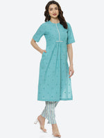 Thumbnail for Biba Women Green Printed Pleated Pure Cotton Kurti With Trousers - Distacart