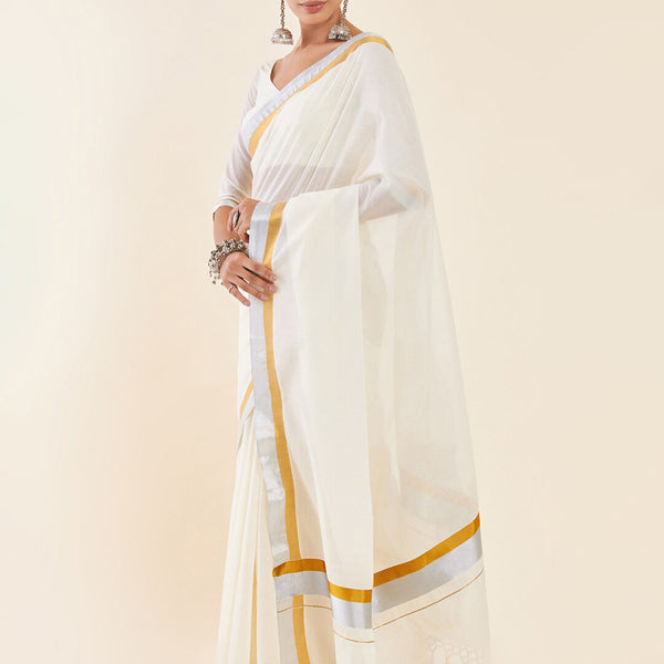 Soch Off-White & Silver-Toned Zari Pure Cotton Kasavu Saree - Distacart