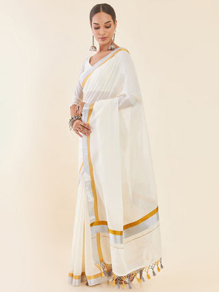 Soch Off-White & Silver-Toned Zari Pure Cotton Kasavu Saree - Distacart