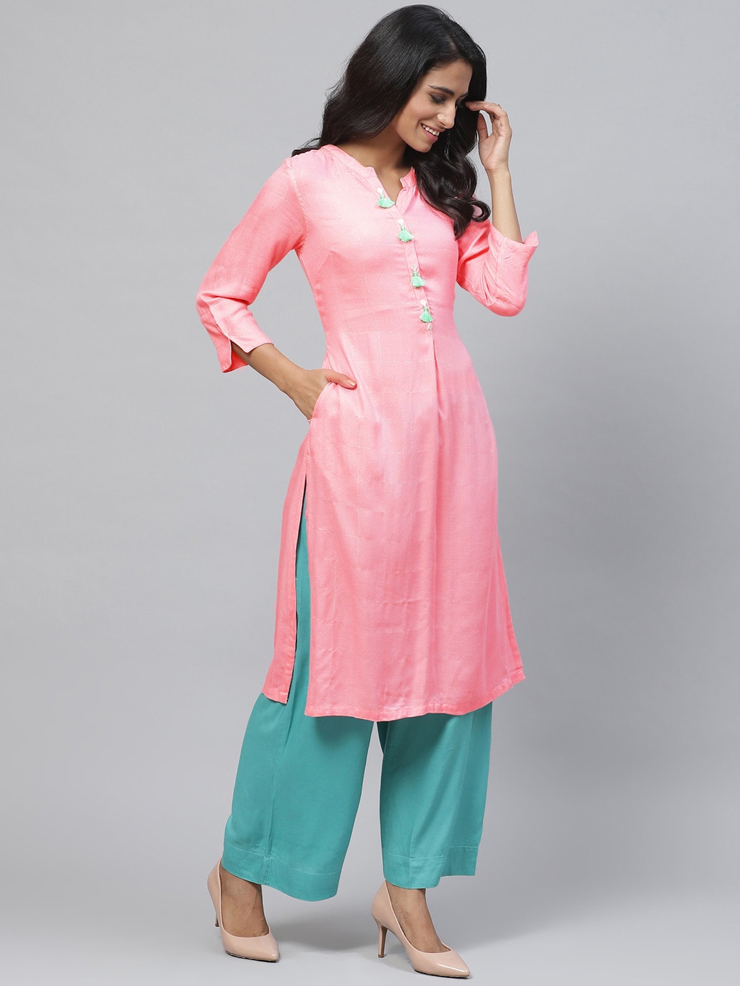 Biba Women Pink & Silver Checked Straight Kurta - Distacart