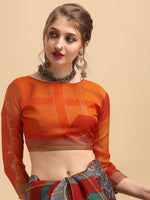Thumbnail for Sangria Grey & Red Beads and Stones Pure Linen Saree - Distacart