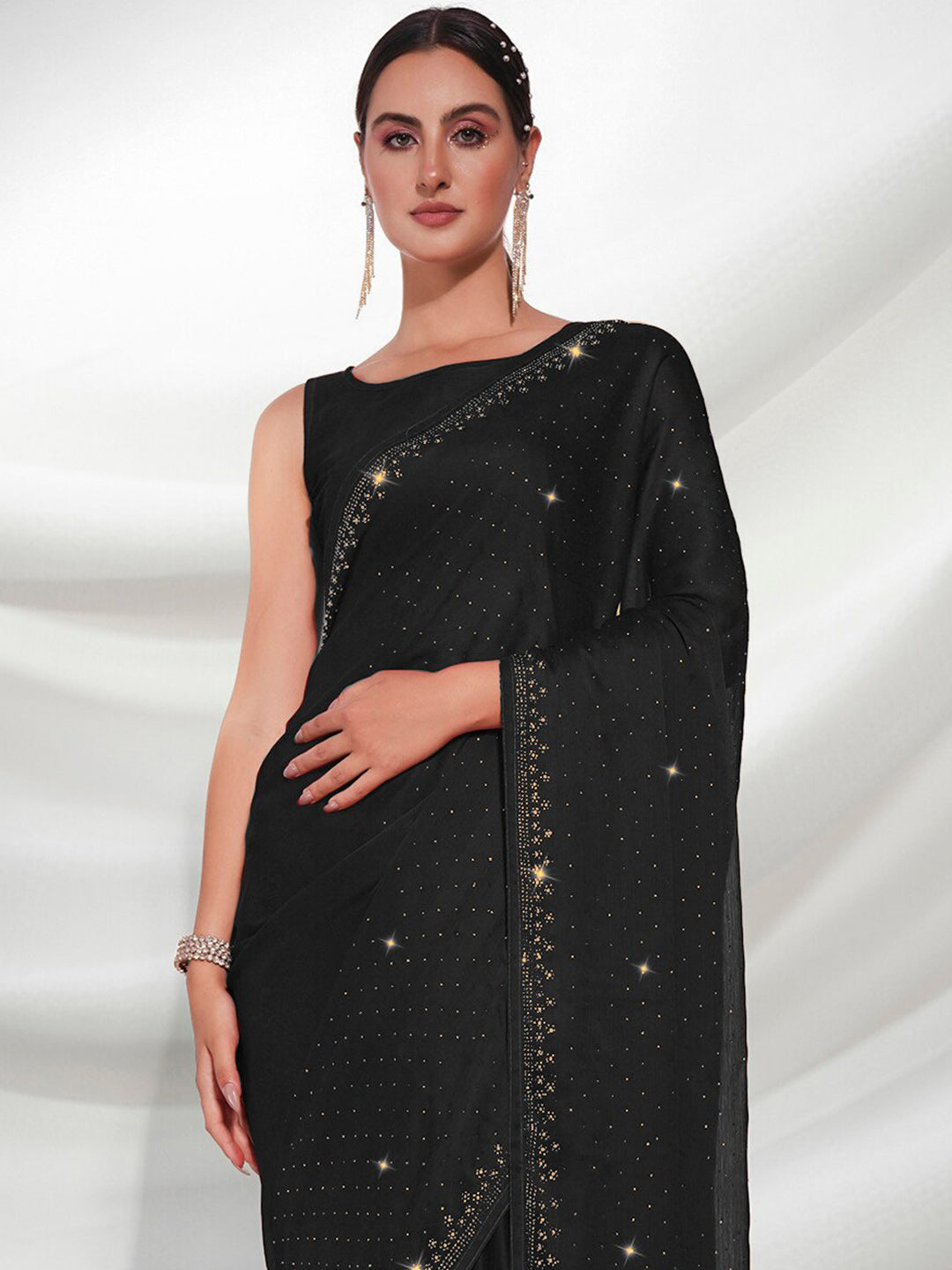 Mitera Black Embellished Beads and Stones Satin Saree - Distacart
