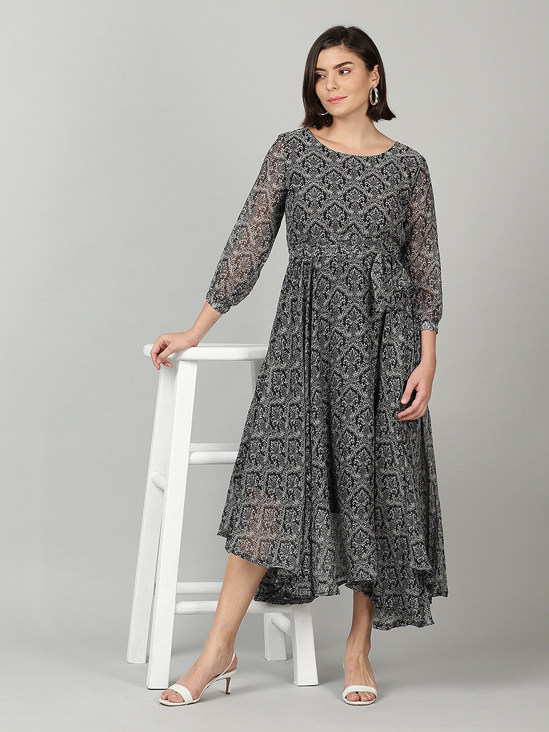 Souchii Women Grey & Black Ethnic Motifs Chiffon A-Line Midi Dress - Distacart