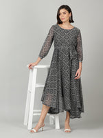 Thumbnail for Souchii Women Grey & Black Ethnic Motifs Chiffon A-Line Midi Dress - Distacart