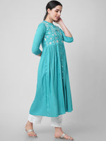 Thumbnail for Kalini Women Sea Green Printed Flared Sleeves Thread Work Handloom Kurta - Distacart