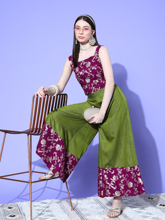 InWeave Women's Wine Brocade Strappy Top W Olive Wine Brocade Palazzo Set - Distacart