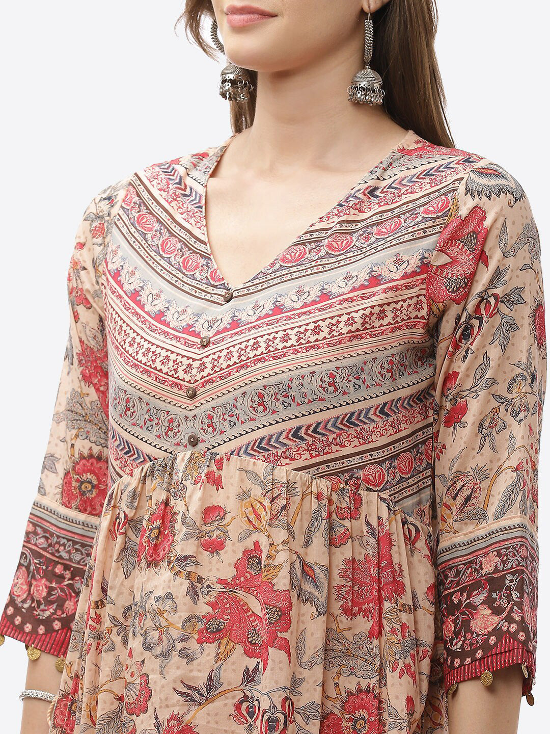 Biba Women Plus Size Beige Floral Printed A-line Kurta with Palazzos - Distacart