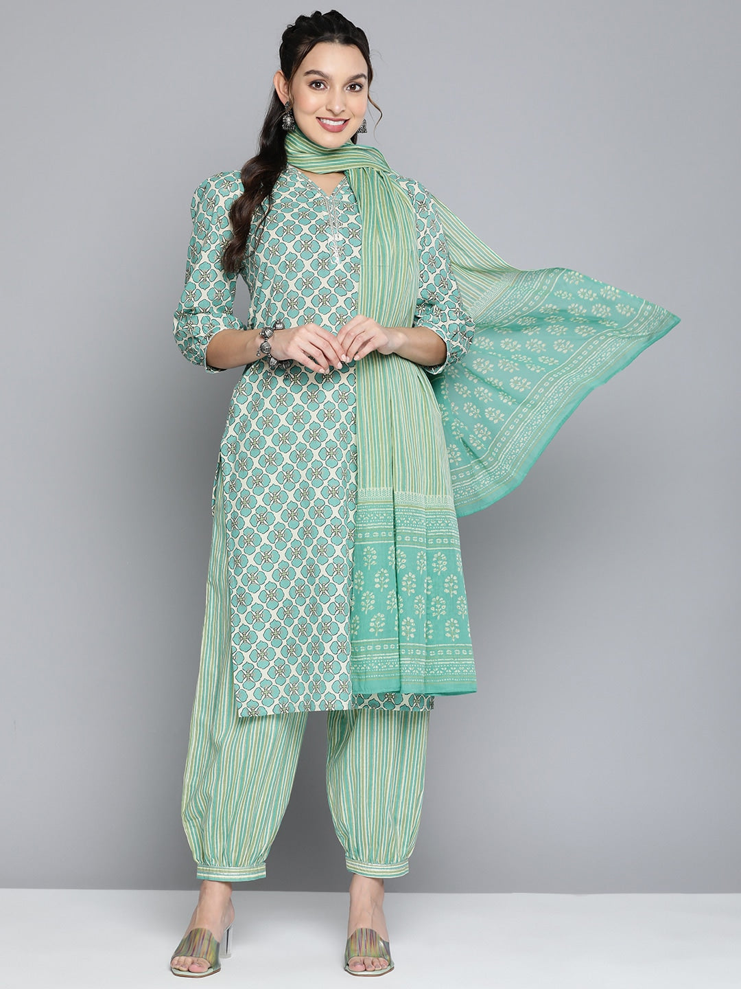 HERE&NOW Women Off White Ethnic Motifs Printed Pure Cotton Kurta with Palazzos & With Dupatta - Distacart