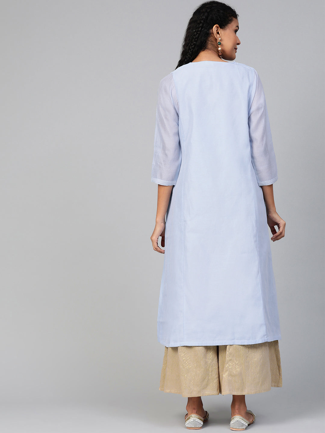 Biba Women Blue & White Floral Panelled Printed A-Line Kurta - Distacart