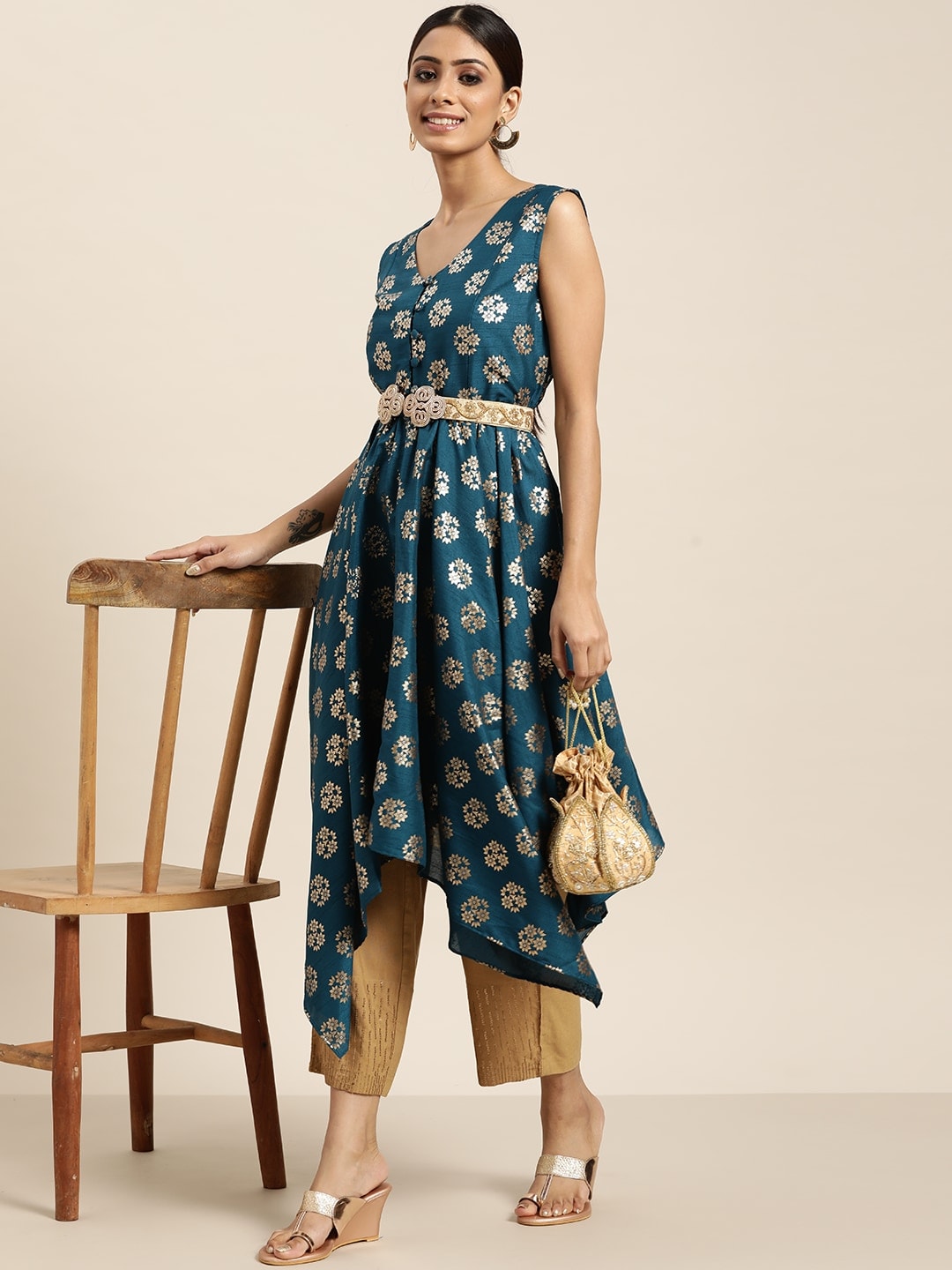 Sangria Women Teal Blue & Golden Ethnic Motifs Printed A-Line Kurta - Distacart