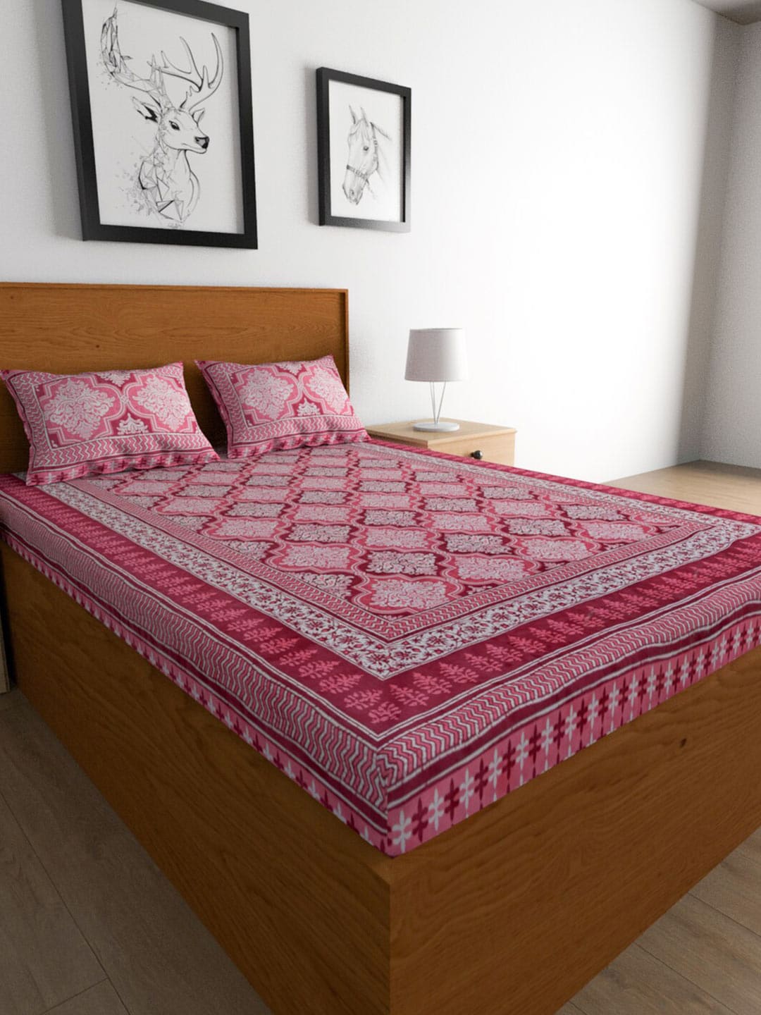 Urban Magic Pink Printed Cotton 104 TC King Bedsheet with 2 Pillow Covers - Distacart