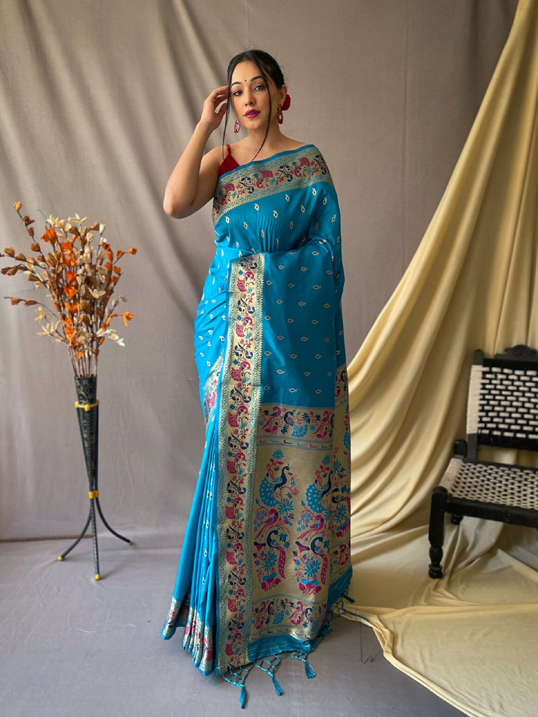 Mitera Blue & Pink Ethnic Motif Woven Design Zari Paithani Saree - Distacart