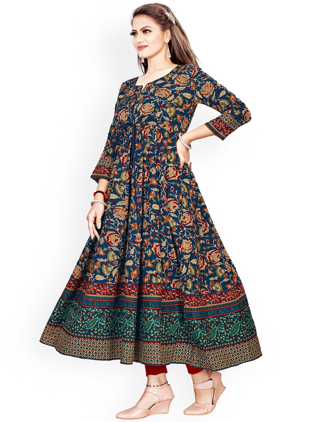 Kalini Women Navy Blue & Beige Ethnic Motifs Printed Anarkali Kurta with Tie-Ups - Distacart