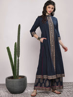 Thumbnail for Sangria Women Navy Blue & Gold-Coloured Printed Kurta with Palazzos - Distacart