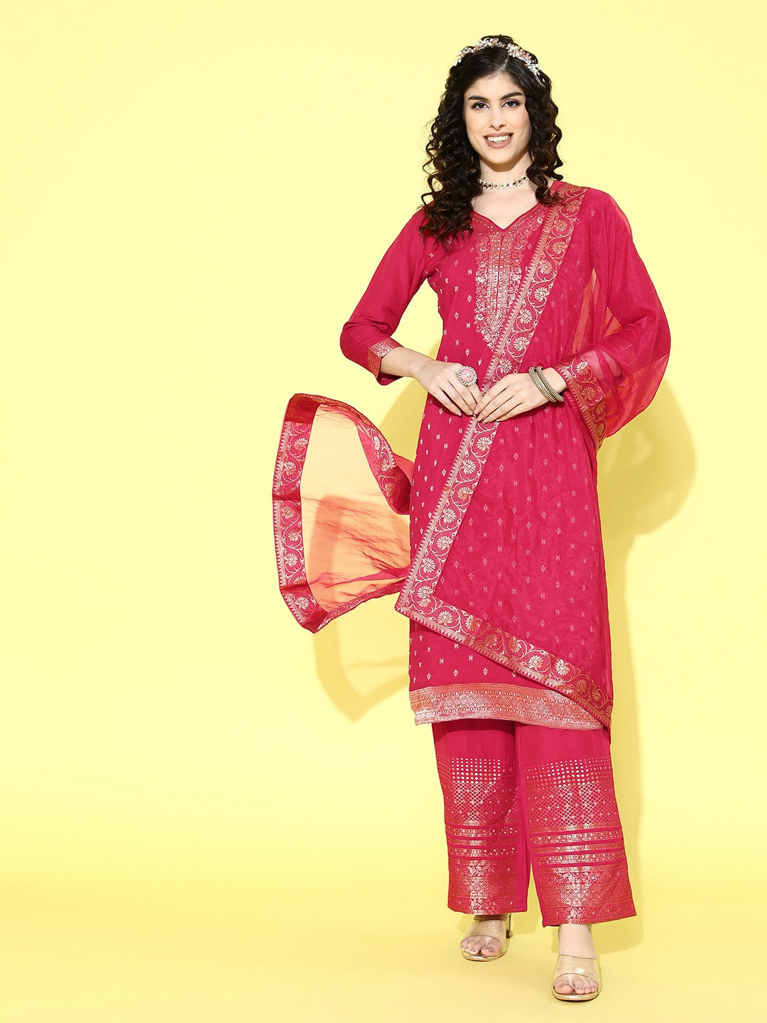 Sangria Floral Yoke Design Jacquard Kurta with Palazzos & With Dupatta - Distacart