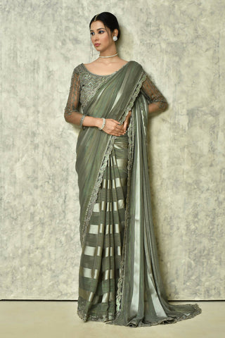Grey Silk Stripe Saree With Blouse Piece - Purvi - Distacart
