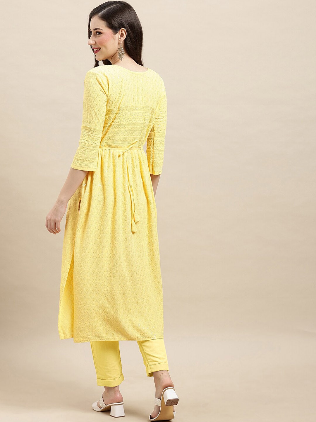 Sangria Yellow Ethnic Motifs Embroidered Chikankari A-Line Kurta - Distacart