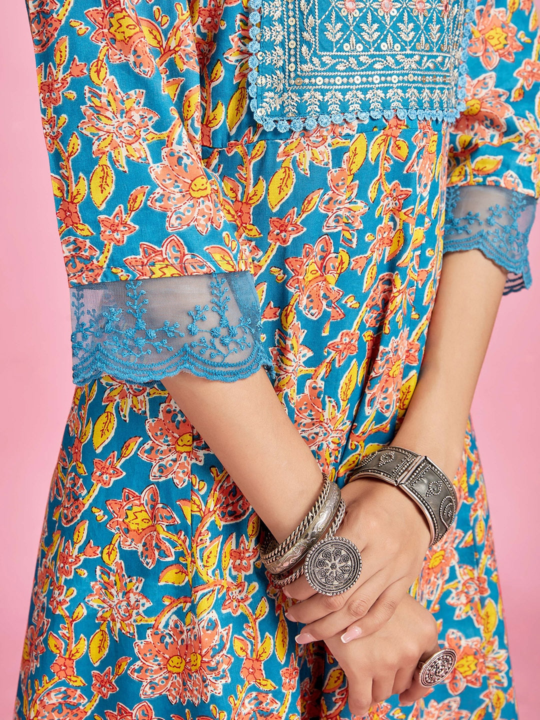 Sangria Blue Floral Printed Thread Work A-Line Kurta & Trouser With Dupatta - Distacart