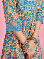 Thumbnail for Sangria Blue Floral Printed Thread Work A-Line Kurta & Trouser With Dupatta - Distacart