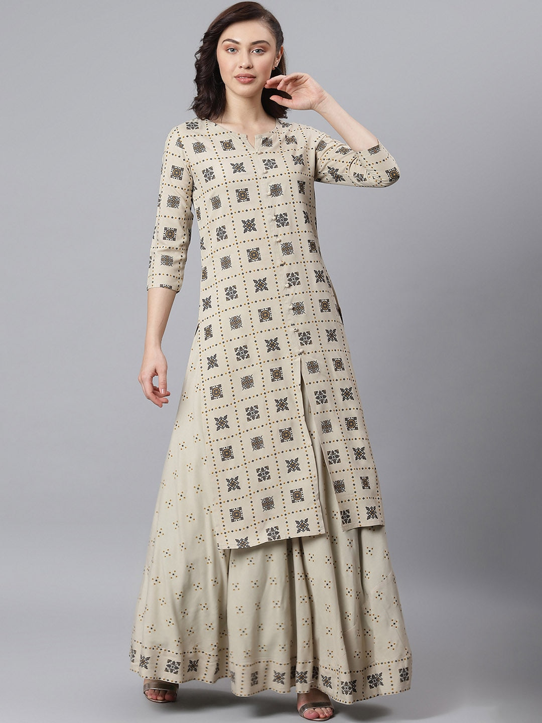 Khushal K Women Taupe Printed Kurta with Skirt - Distacart