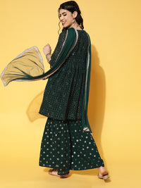 Thumbnail for Libas Green & Golden Ethnic Embroidered Sequinned Kurta with Sharara & Dupatta - Distacart