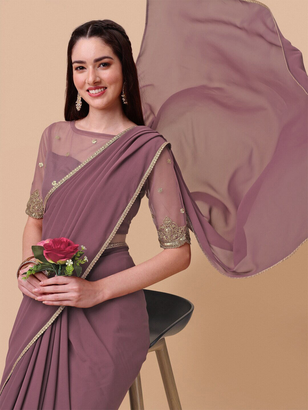 Sangria Mauve Embroidered Poly Georgette Saree - Distacart
