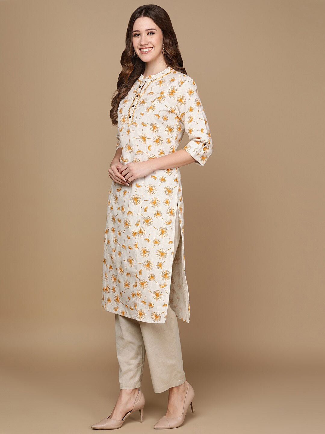 HERE&NOW Off White & Mustard Yellow Floral Printed Thread Work Sequinned Cotton Kurta - Distacart