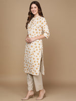 Thumbnail for HERE&NOW Off White & Mustard Yellow Floral Printed Thread Work Sequinned Cotton Kurta - Distacart