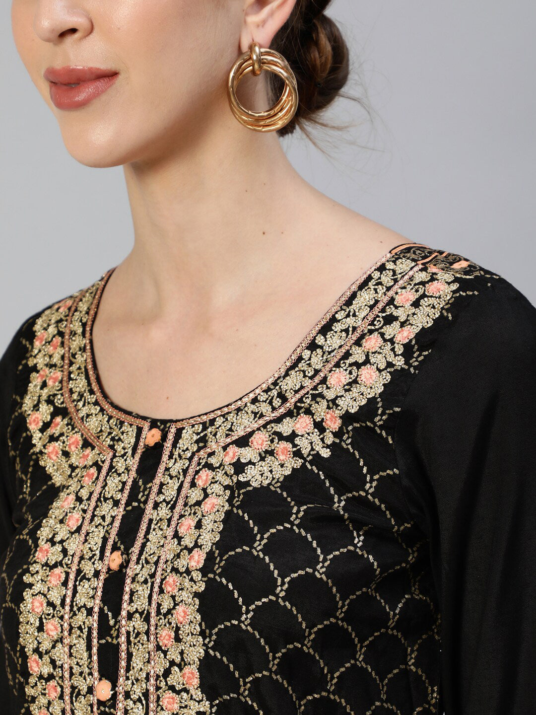 Ishin Women Black Floral Embroidered Regular Kurta with Sharara & With Dupatta - Distacart