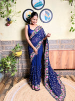 Thumbnail for Mitera Navy Blue & Pink Floral Embroidered Georgette Saree - Distacart