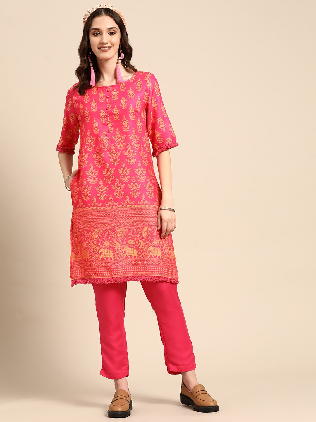 Sangria Women Pink & Yellow Ethnic Motifs Printed Kurta with Trousers - Distacart
