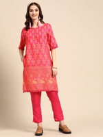 Thumbnail for Sangria Women Pink & Yellow Ethnic Motifs Printed Kurta with Trousers - Distacart