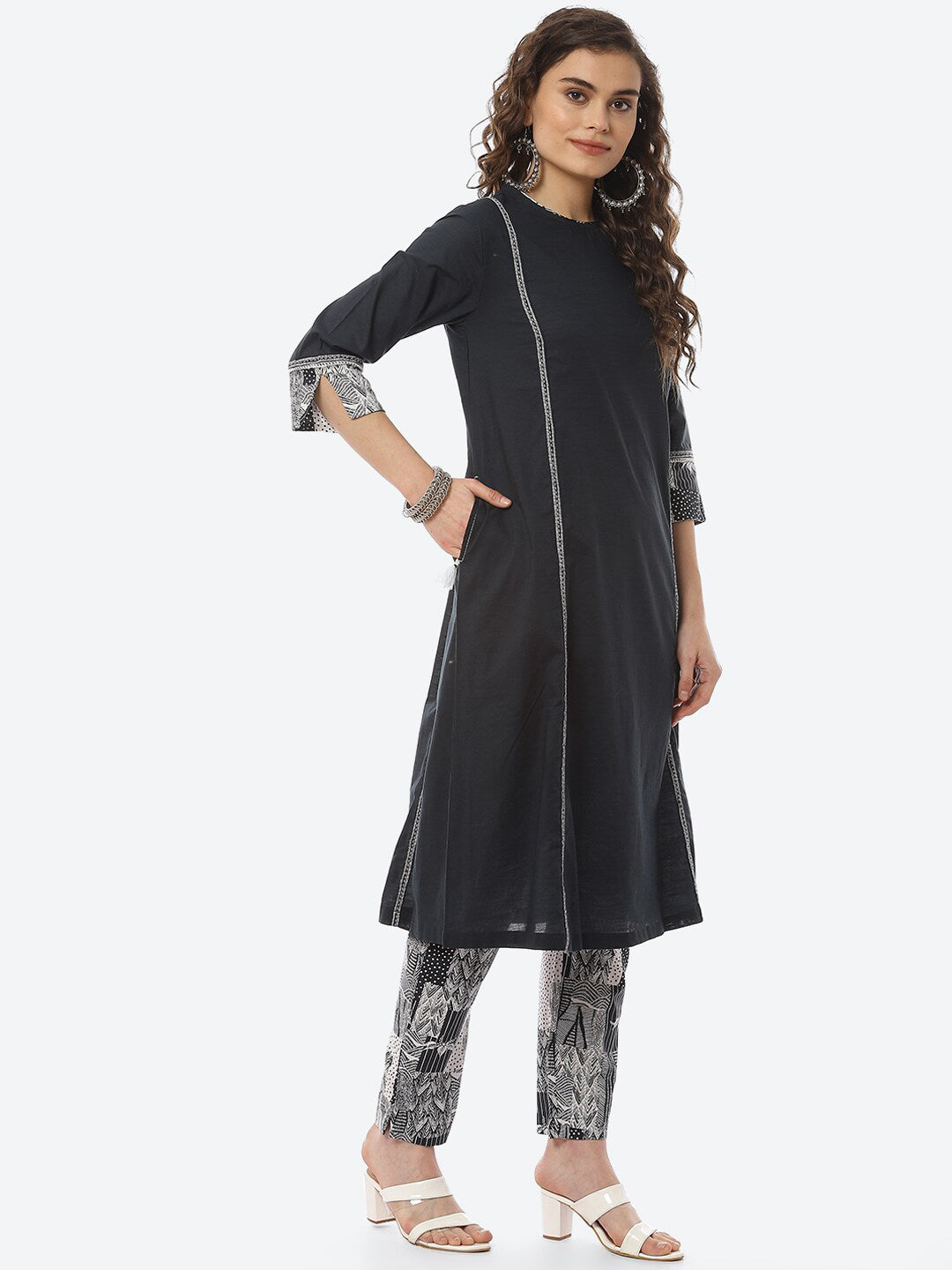 Biba Women Black Ethnic Motifs Panelled Pure Cotton Kurta with Trousers & Dupatta - Distacart