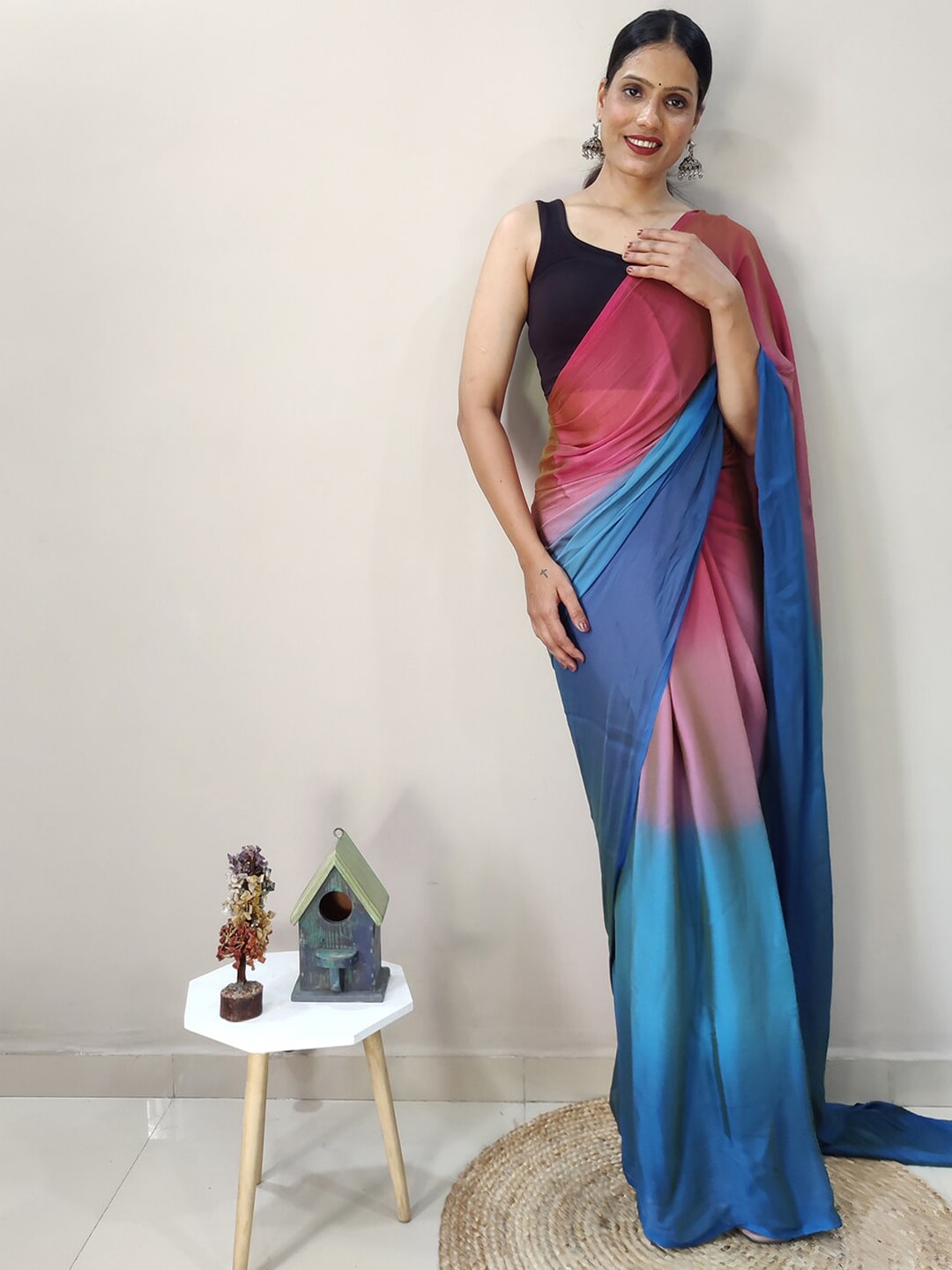 Mitera Pink & Blue Ombre Ready To Wear Saree - Distacart