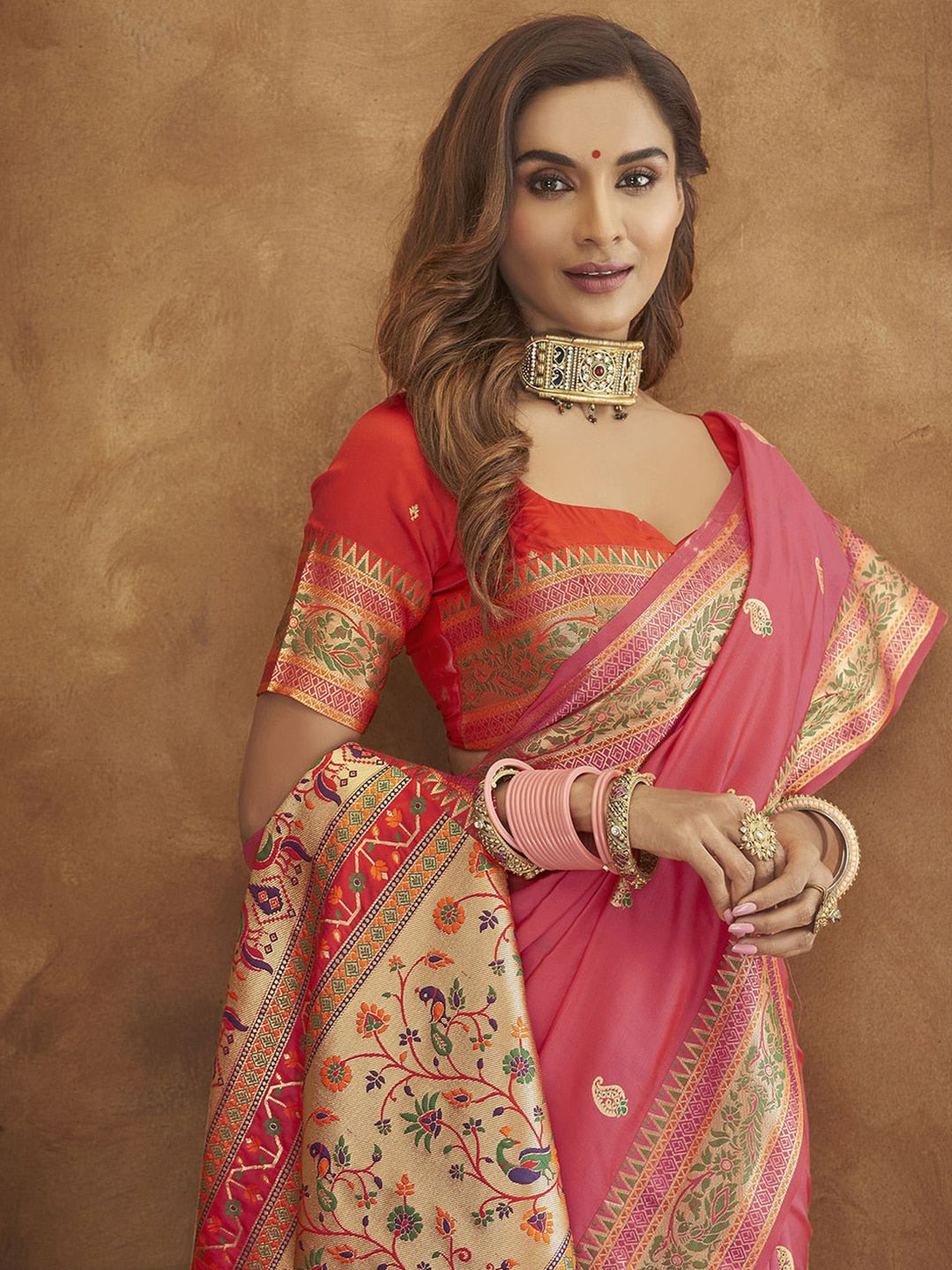 Mitera Pink & Beige Woven Design Zari Silk Blend Paithani Saree - Distacart