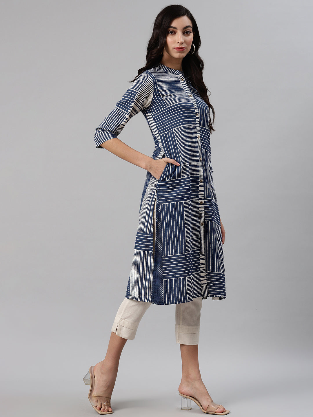 Biba Women Navy Blue & White Striped Kurta with Trousers - Distacart