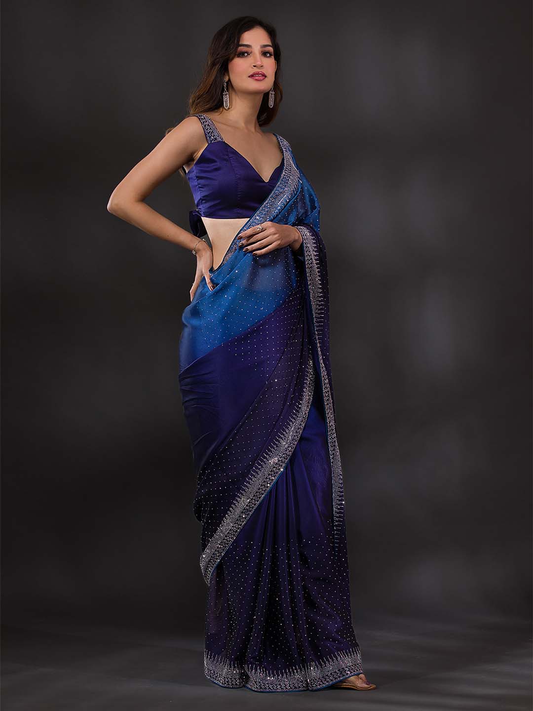 Koskii Navy Blue & Silver-Toned Embellished Embroidered Saree - Distacart