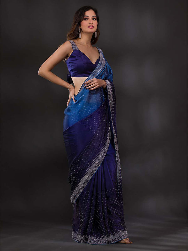 Koskii Navy Blue & Silver-Toned Embellished Embroidered Saree - Distacart